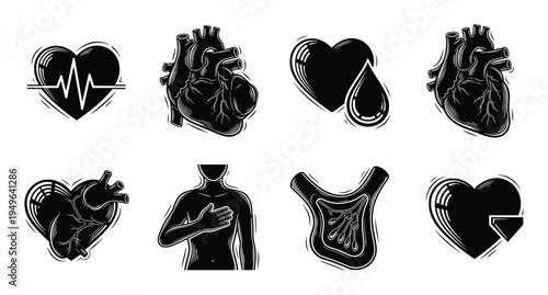 Set of heart icons showing anatomy, heartbeat, blood, chest pain, and human silhouette, monochrome vector illustration
