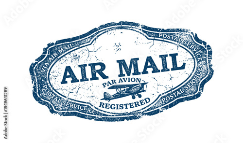 Distressed blue registered air mail postage stamp with airplane graphic and text