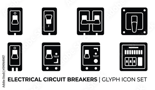 Set of electrical circuit breakers glyph icons black on a transparent background
