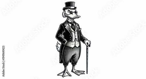 Dapper Duck Character in Formal Attire Holding Cane.
