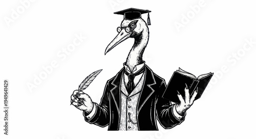Anthropomorphic Crane Professor Holding Quill and Book.