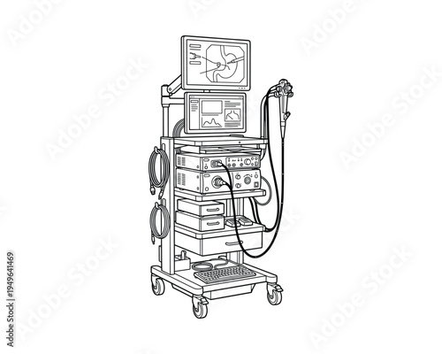 Medical endoscope equipment cart with monitor and keyboard, line art illustration