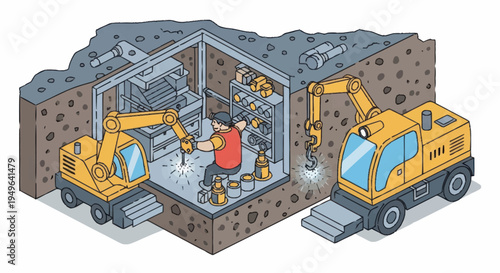 Construction workers building underground bunker with excavators.