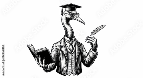 Anthropomorphic Crane Professor Holding Book and Quill Pen.