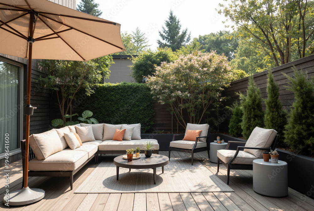 Fototapeta premium Elegant modern outdoor patio furniture set arranged on a spacious terrace, featuring comfortable seating and a large sun umbrella for relaxing backyard entertainment.