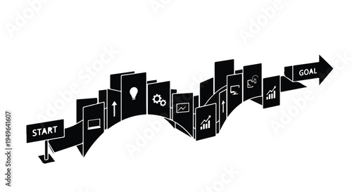 Business success journey path with start and goal arrows, corporate growth strategy, modern infographic elements, white background