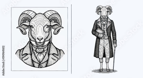 Anthropomorphic Ram Character in Victorian Attire.