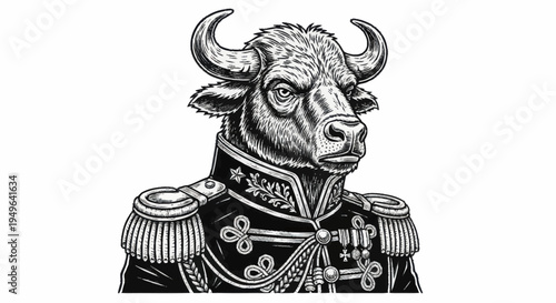Majestic Bull Head in Military Uniform Illustration.