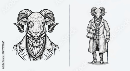 Anthropomorphic Ram Wearing Victorian Clothing and Holding Cane.