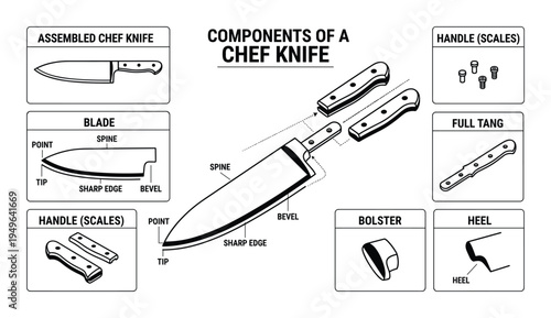 Components of a chef knife vector illustration with assembled blade handle full tang bolster heel point tip spine sharp edge and bevel elements