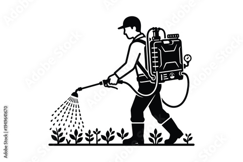 Farmer spraying plants with backpack sprayer. agricultural worker using pesticide on crops