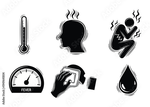 Fever and sickness icons, thermometer, hot head, shivering person, measurement