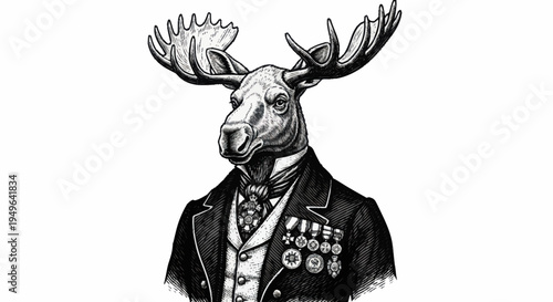 Sophisticated Moose Dressed in Formal Attire with Medals.