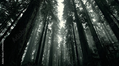 Towering Trees in a Misty Forest Canopy
