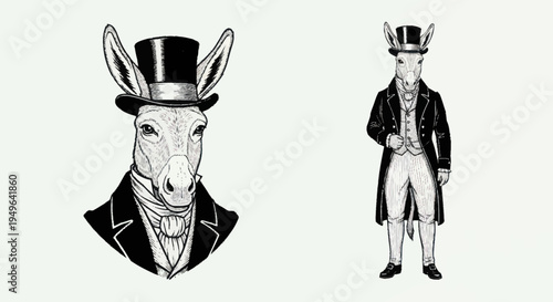 Elegant Donkey Dressed in Formal Victorian Attire.