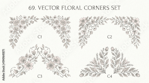 Elegant vector floral corner decorations with intricate leaves and flowers in neutral tones for design projects