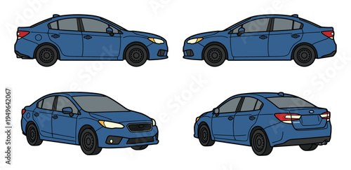 Blue sedan car, modern automobile from various angles and perspectives for design