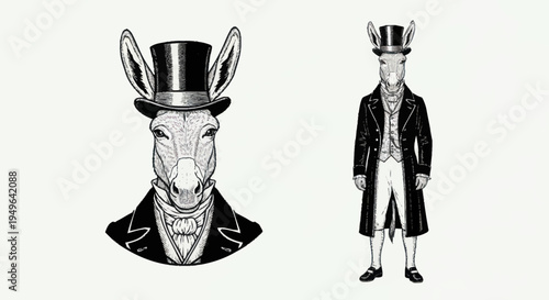 Anthropomorphic Donkey Dressed in Formal Victorian Attire.