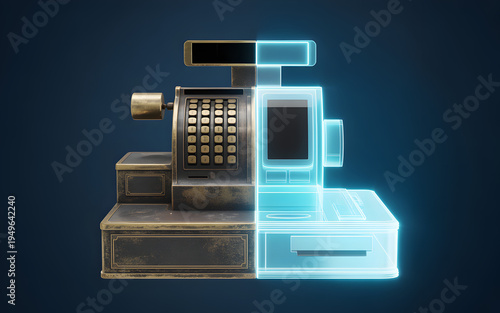 A vintage cash register transitions into a modern digital terminal, symbolizing technological evolution in retail transactions.