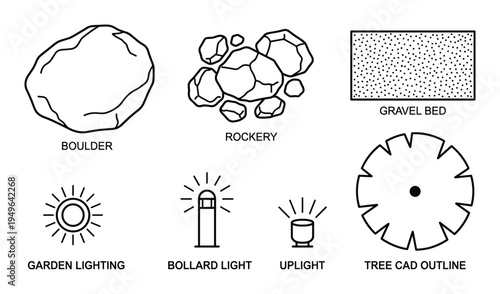 Set of garden design symbols top view in line art style