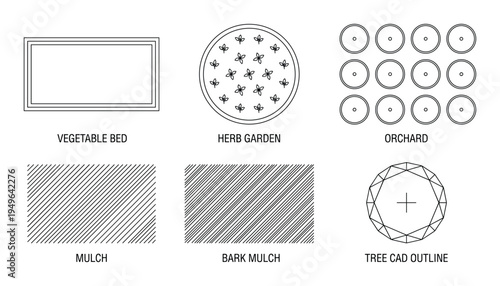 Garden elements top view vegetable bed herb garden orchard mulch bark mulch and tree cad outline symbols for landscape design plans