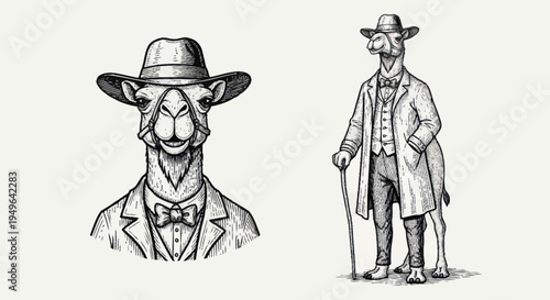 Elegant Camel Dressed in Vintage Suit and Hat.