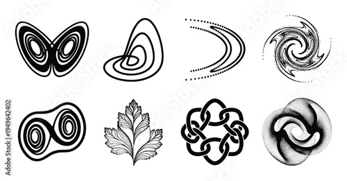 Collection of mathematical fractals lorenz attractor and chaos theory icons in black