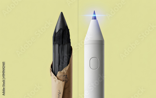Traditional graphite pencil contrasts sharply with a glowing digital stylus, illustrating the evolution of writing tools on a pale background.