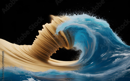 Wave of powerful blue ocean water dramatically crashes and merges with an equally dynamic wave formed from golden-brown sand, creating a striking elemental contrast on a dark background.