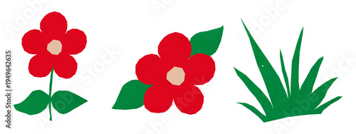 Handcrafted paper cut set of red flowers and green grass for digital scrapbooking. Textured botanical collage elements isolated on transparent background. Ideal for DIY cards and stickers.