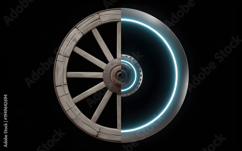 Wooden wagon wheel contrasts sharply with a futuristic metallic wheel featuring a glowing neon blue light ring in a digital split view.