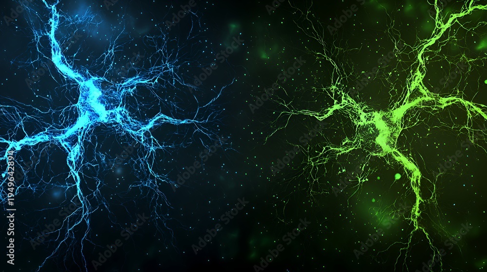 Fototapeta premium Two Glowing Neural Clusters Connecting in Blue and Green, Brain Synapse and Artificial Intelligence Neural Network Concept for Science