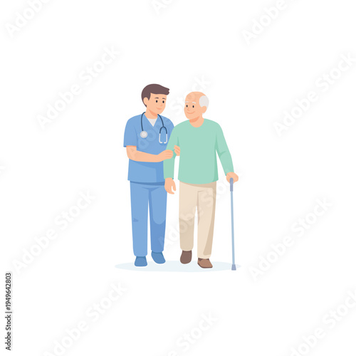 Nurse Helping Elderly Man Walk with Cane – Senior Healthcare Assistance Illustration