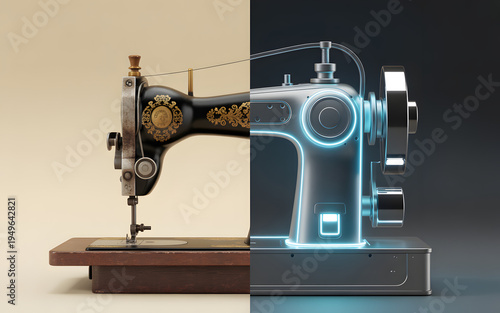 Sewing machine design evolution is depicted, contrasting an ornate antique model from the past with a sleek, glowing, futuristic counterpart symbolizing technological advancement and innovation.