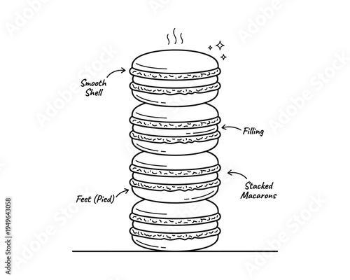 stacked macaron cookies with labels for smooth shell, filling, feet (pied), sweet dessert