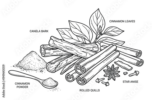 Cinnamon sticks and powder with star anise and cloves illustration
