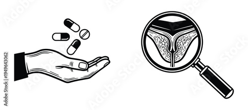 Medical illustration showing pills in a hand and magnified view of a human organ structure through a magnifying glass