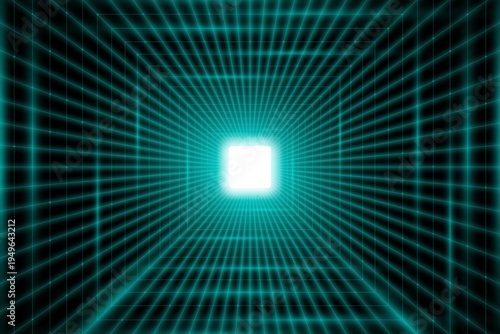 Realistic turquoise digital portal to virtual reality. Sci-fi square glowing portal. 3D line wormhole tunnel. Vector illustration