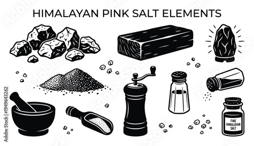 Himalayan pink salt elements including rocks grinder shaker mortar and pestle