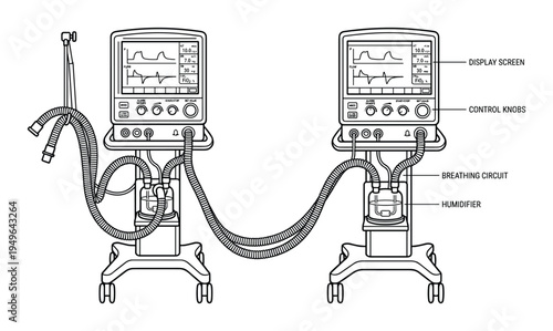 Medical ventilator machine for intensive care unit respiratory support line art illustration