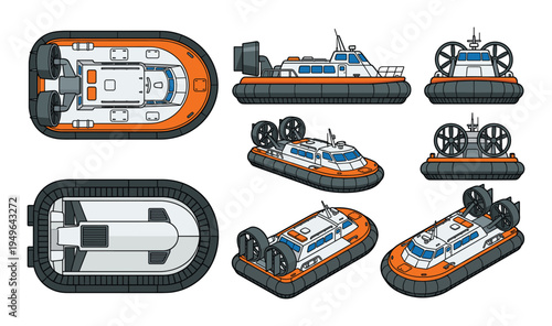 Hovercraft top, side, and isometric views set. high-speed water transport with fan engines