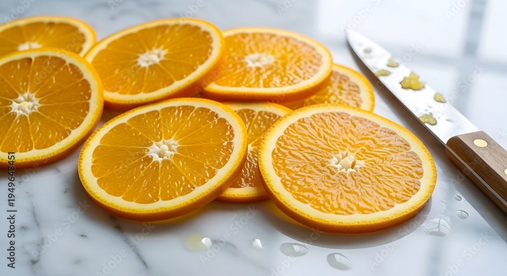 Fototapeta premium Freshly sliced bright orange citrus fruit rounds resting near a sharp silver kitchen knife