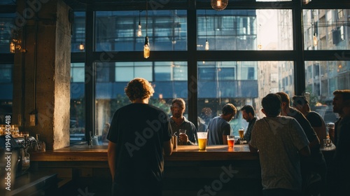 Group of young adults socializing and enjoying drinks at an urban bar with large windows and warm lighting