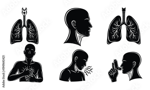 Set of human respiratory system and health conditions, lungs, throat, and asthma inhaler