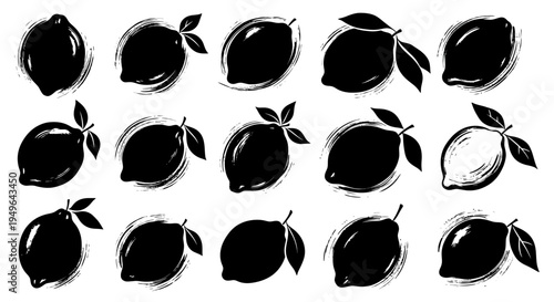 Collection of Hand-Drawn Lemon Silhouettes with Artistic Brush Strokes.