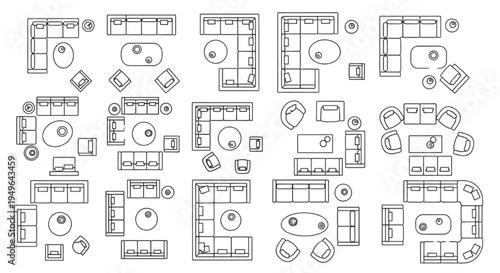 Diverse furniture arrangements in top-down view for modern interior design planning concepts