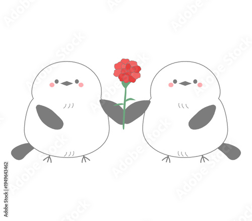 カーネーションを持つ二羽のシマエナガの母の日イラスト かわいい小鳥の感謝イメージ