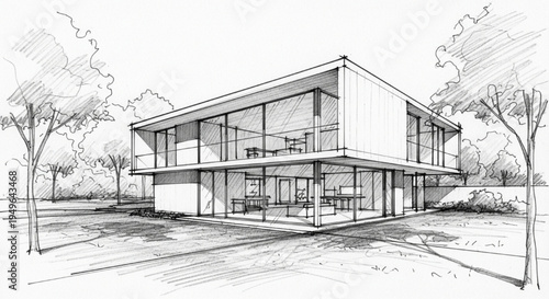 Modern Architectural Home Design Sketch with Large Glass Walls