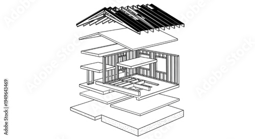 Exploded view illustration of a residential house construction blueprint