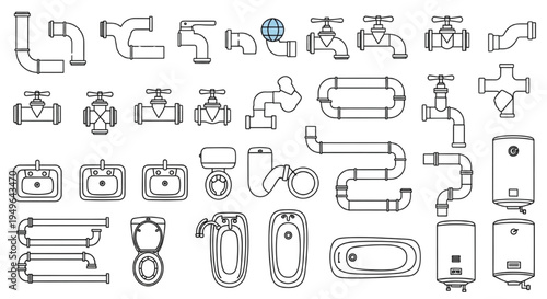 Comprehensive Plumbing System Elements Outline Collection Pipes, Fittings, Fixtures, and Water Heaters